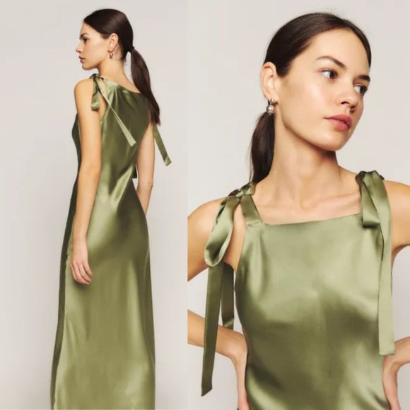 NWT Reformation Aden Silk Midi Slip Dress SZ S Artichoke Shoulder Tie Straps - Picture 1 of 10